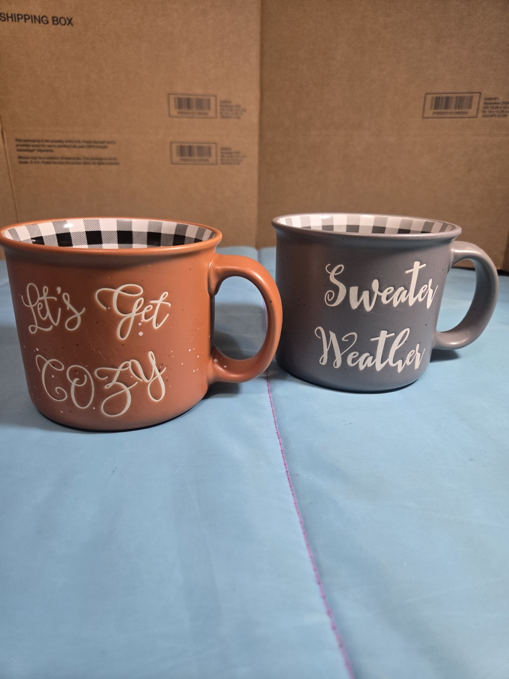 Rust & Gray Speckled Plaid Oversized Coffee Tea 16 Oz Mugs Fall Winter NWOT (2)